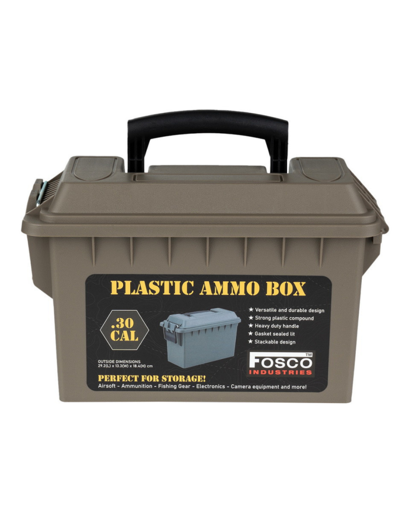 Boite a munitions calibre 30 plastique tan Fosco Industries avec joint etanche et poignee de transport