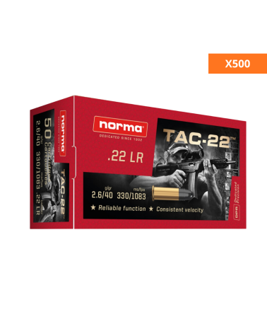 Boite de 500 cartouches Norma 22LR 40 grains TAC 22 pour tir sportif et entrainement
