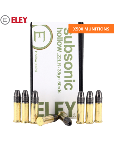 Boite de 500 cartouches Eley 22LR Subsonic Hollow 38 grains pour tir silencieux precision et regulation