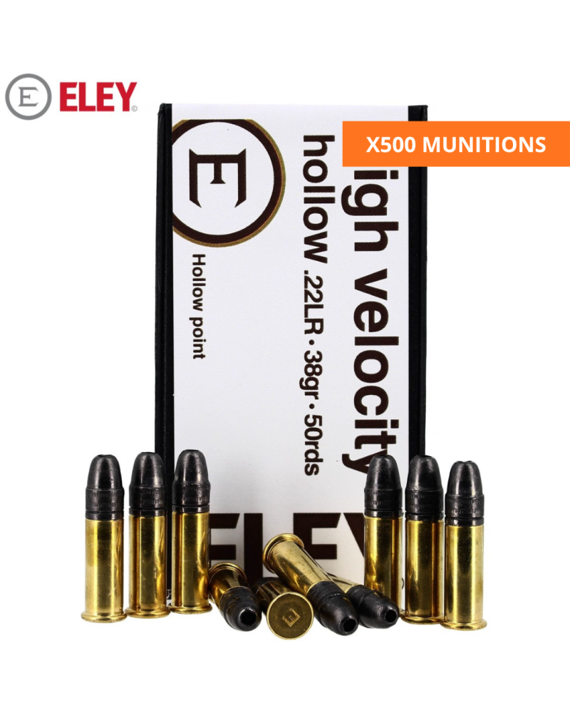 Carton de 500 cartouches Eley 22LR High Velocity Hollow 38 grains haute vitesse precision et expansion rapide