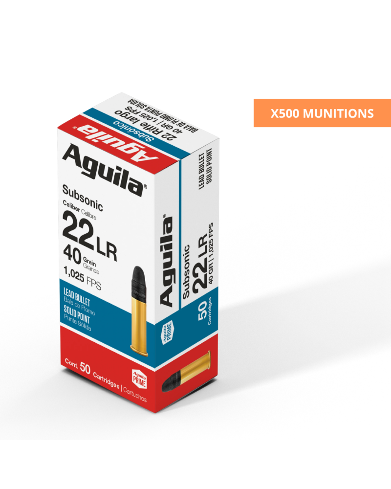 Boite 500 cartouches Aguila 22LR Subsonic 40 grains solid point cuivre pour tir discret