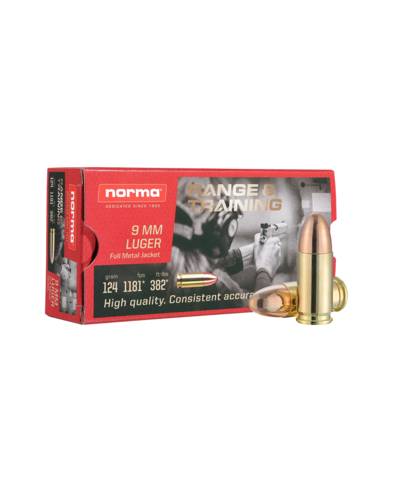 Boite de 50 cartouches Norma 9x19 FMJ 124 grains pour tir sportif et entrainement pistolet