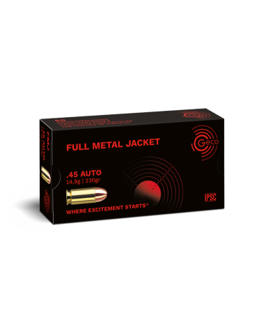 Boite de 50 cartouches GECO 45 ACP FMJ 230 grains pour tir sportif et entrainement pistolet