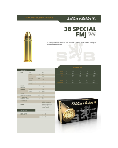 Boite de 50 cartouches Sellier Bellot 38 Special FMJ 158 grains pour tir sportif et revolver