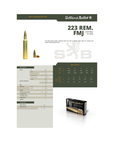 Boite de 100 cartouches Sellier Bellot 223 Rem FMJ 55 grains pour tir sportif et entrainement carabine
