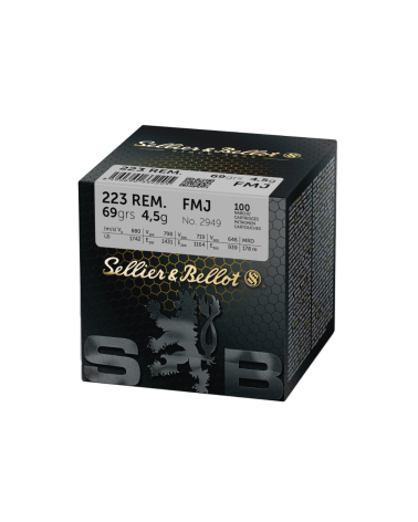 Boite de 100 cartouches Sellier Bellot 223 Rem FMJ 55 grains pour tir sportif et entrainement carabine