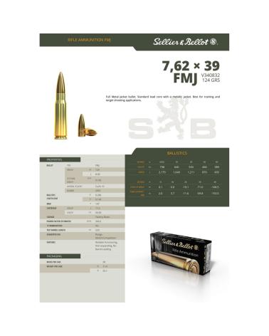Boite de 50 cartouches Sellier Bellot 7.62x39 FMJ 124 grains pour tir sportif et entrainement carabine
