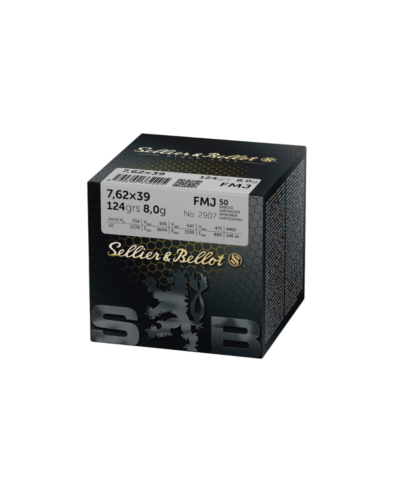 Boite de 50 cartouches Sellier Bellot 7.62x39 FMJ 124 grains pour tir sportif et entrainement carabine