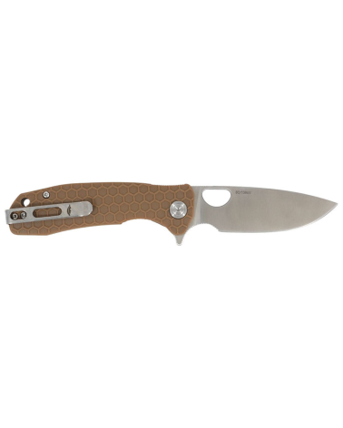 Couteau pliant Honey Badger Medium Flipper tan avec lame drop point de 81 mm et manche FRN