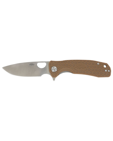 Couteau pliant Honey Badger Medium Flipper tan avec lame drop point de 81 mm et manche FRN