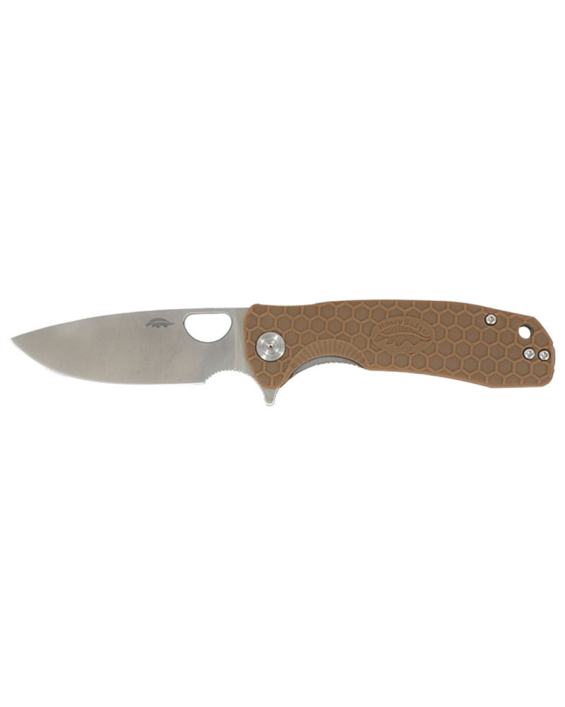 Couteau pliant Honey Badger Medium Flipper tan avec lame drop point de 81 mm et manche FRN