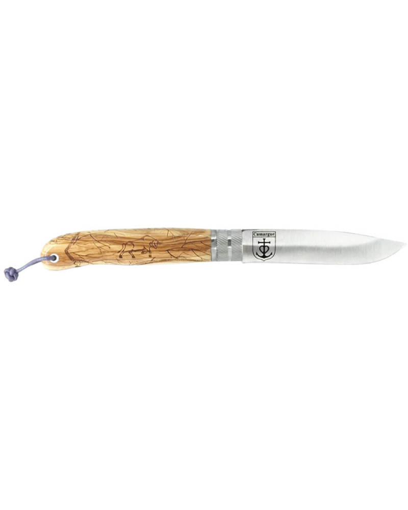 Couteau Opinel Camargue Décalé Collection avec manche en olivier et lame inox gravée