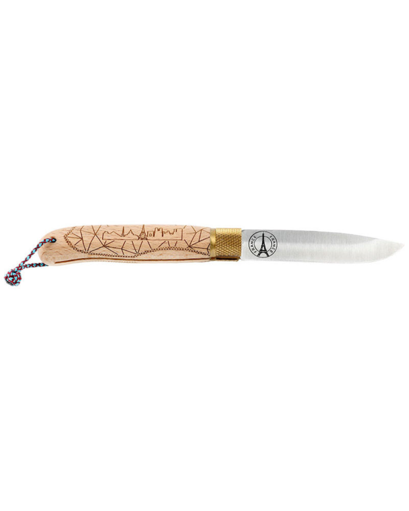 Couteau Opinel Paris Décalé Collection avec manche en hêtre et lame inox gravée