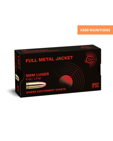 Boite de cartouches GECO 9x19 FMJ 124 grains calibre 9mm Luger pour tir sportif et entrainement en conditionnement 500 unités