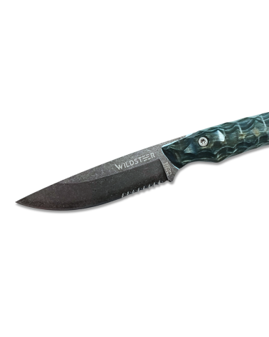 Couteau Wildsteer Troll Pakawood bleu lame 8,5 cm acier Sandvik 14C28N stonewash avec etui Kydex
