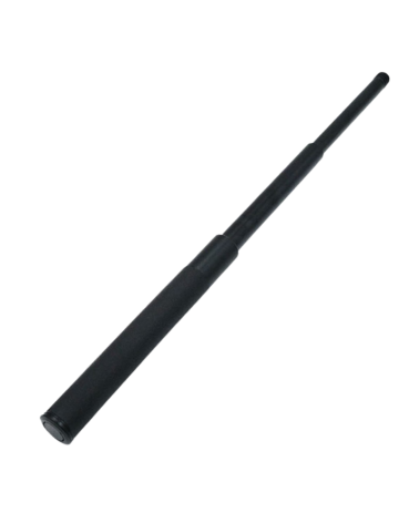 Bâton télescopique en acier trempé de 550 mm avec manche en caoutchouc noir, bouton de sécurité arrière et étui type Cordura.