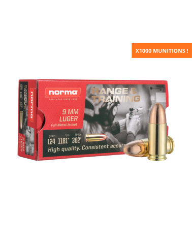 Carton de 1000 munitions Norma .357 Magnum FMJ FP 157 grains avec ogive Full Metal Jacket Flat Point de 10,2 g