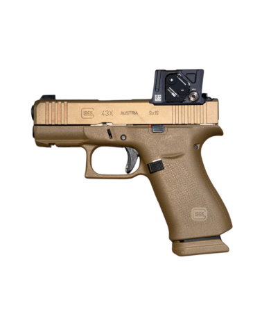 Pistolet Glock 43X Coyote A Cut COA calibre 9x19 avec viseur Aimpoint COA, plateforme slimline compacte