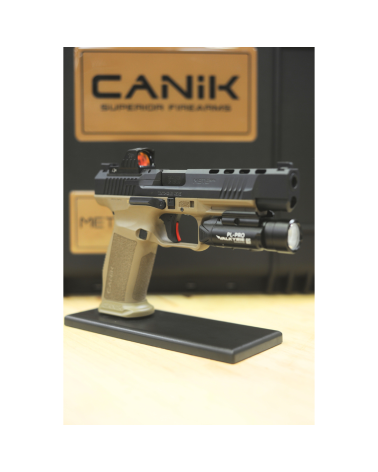 Pack Premium Canik Mete SFX FDE calibre 9x19 comprenant un point rouge Mecanik M01, une lampe Olight PL PRO Valkyrie