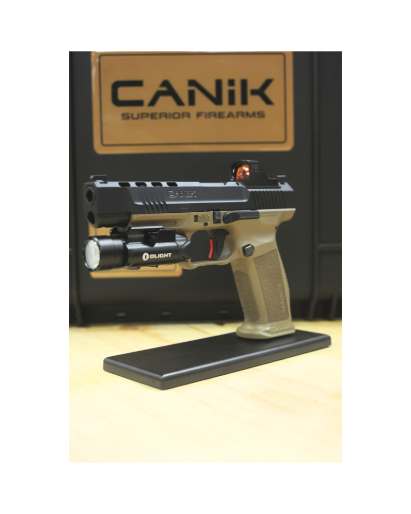 Pack Premium Canik Mete SFX FDE calibre 9x19 comprenant un point rouge Mecanik M01, une lampe Olight PL PRO Valkyrie