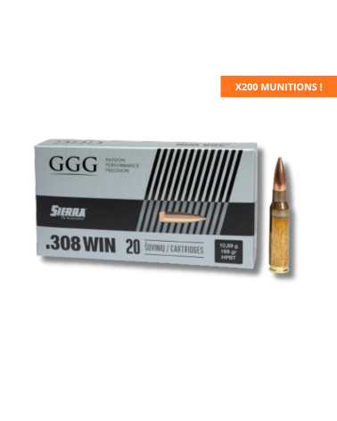 Lot de 200 cartouches GGG calibre .308 Winchester avec projectile HPBT de 168 grains