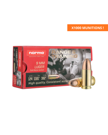 Carton de 1000 cartouches Norma calibre 9x19 mm Luger FMJ 124 grains destiné au tir sportif