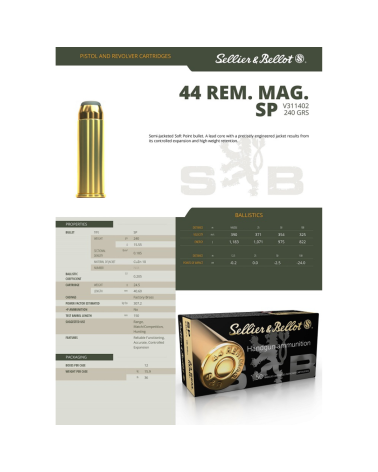 Boîte de 50 cartouches Sellier & Bellot calibre .44 Remington Magnum avec projectile Semi Jacketed Soft Point