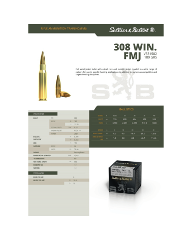 Boîte de 50 cartouches Sellier & Bellot calibre .308 Winchester FMJ 180 grains avec projectile Full Metal Jacket
