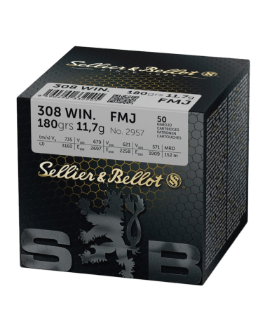 Boîte de 50 cartouches Sellier & Bellot calibre .308 Winchester FMJ 180 grains avec projectile Full Metal Jacket