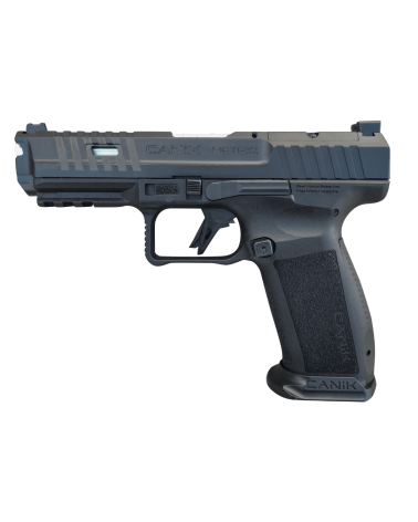 Pistolet Canik METE SFT PRO EU Black calibre 9x19 avec culasse Optic Ready, détente droite 90°, hausse fibre optique