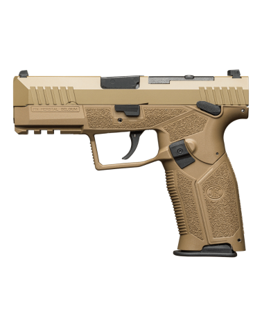 Pistolet FN HiPer MRD FDE calibre 9x19 FN Herstal avec carcasse composite Flat Dark Earth, système de montage point rouge MRD