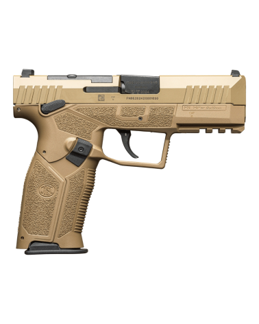 Pistolet FN HiPer MRD FDE calibre 9x19 FN Herstal avec carcasse composite Flat Dark Earth, système de montage point rouge MRD