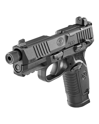 Pistolet FN 502T Noir calibre .22 LR FN Herstal avec canon fileté 1/2x28 UNF, carcasse composite texturée, détente SF3