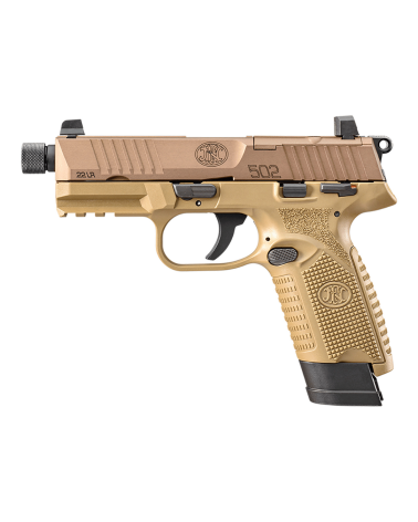Pistolet FN 502T FDE calibre .22 LR de FN Herstal avec carcasse composite Flat Dark Earth, canon fileté 1/2x28 UNF