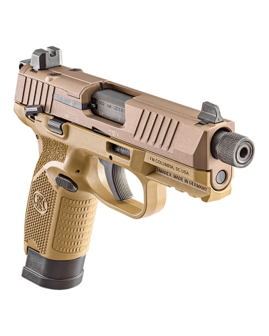 Pistolet FN 502T FDE calibre .22 LR de FN Herstal avec carcasse composite Flat Dark Earth, canon fileté 1/2x28 UNF