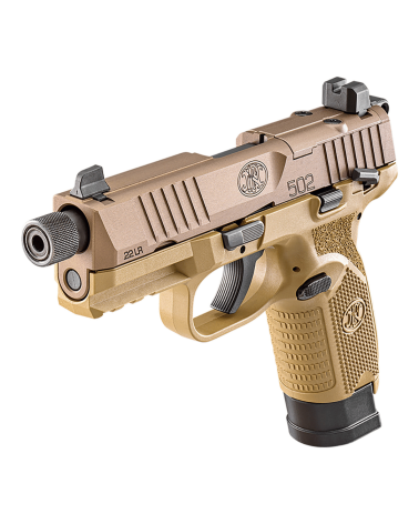 Pistolet FN 502T FDE calibre .22 LR de FN Herstal avec carcasse composite Flat Dark Earth, canon fileté 1/2x28 UNF