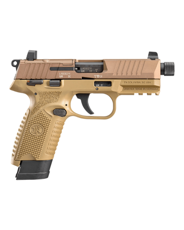 Pistolet FN 502T FDE calibre .22 LR de FN Herstal avec carcasse composite Flat Dark Earth, canon fileté 1/2x28 UNF