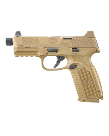 Pistolet FN 509T BI NMS FDE calibre 9mm Luger de FN Herstal avec carcasse composite Flat Dark Earth, canon fileté 1/2x28 UNF