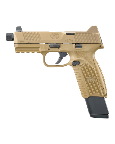 Pistolet FN 509T BI NMS FDE calibre 9mm Luger de FN Herstal avec carcasse composite Flat Dark Earth, canon fileté 1/2x28 UNF