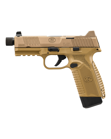 Pistolet FN 545T BI NMS FDE calibre .45 ACP de FN Herstal avec carcasse composite Flat Dark Earth, canon fileté 0.578x28 UNF