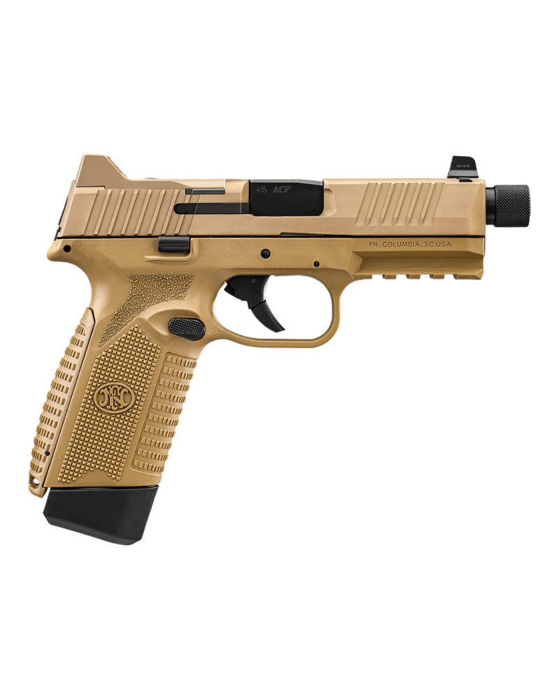 Pistolet FN 545T BI NMS FDE calibre .45 ACP de FN Herstal avec carcasse composite Flat Dark Earth, canon fileté 0.578x28 UNF