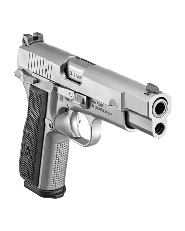 Pistolet FN High Power SS calibre 9x19 de FN Herstal avec finition Stainless Steel, héritier moderne du Browning Hi-Power