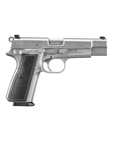 Pistolet FN High Power SS calibre 9x19 de FN Herstal avec finition Stainless Steel, héritier moderne du Browning Hi-Power