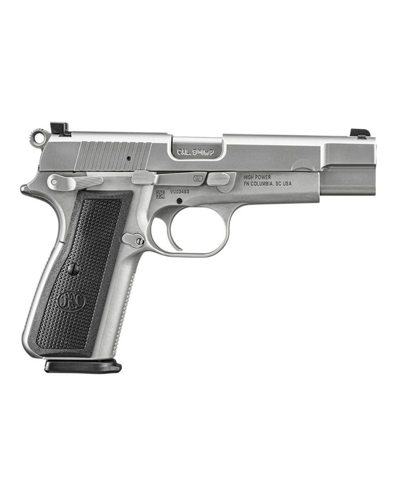 Pistolet FN High Power SS calibre 9x19 de FN Herstal avec finition Stainless Steel, héritier moderne du Browning Hi-Power