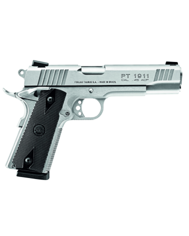Pistolet Taurus PT1911 Matte Stainless Steel en calibre .45 ACP avec canon de 127 mm (5 pouces), finition inox mate