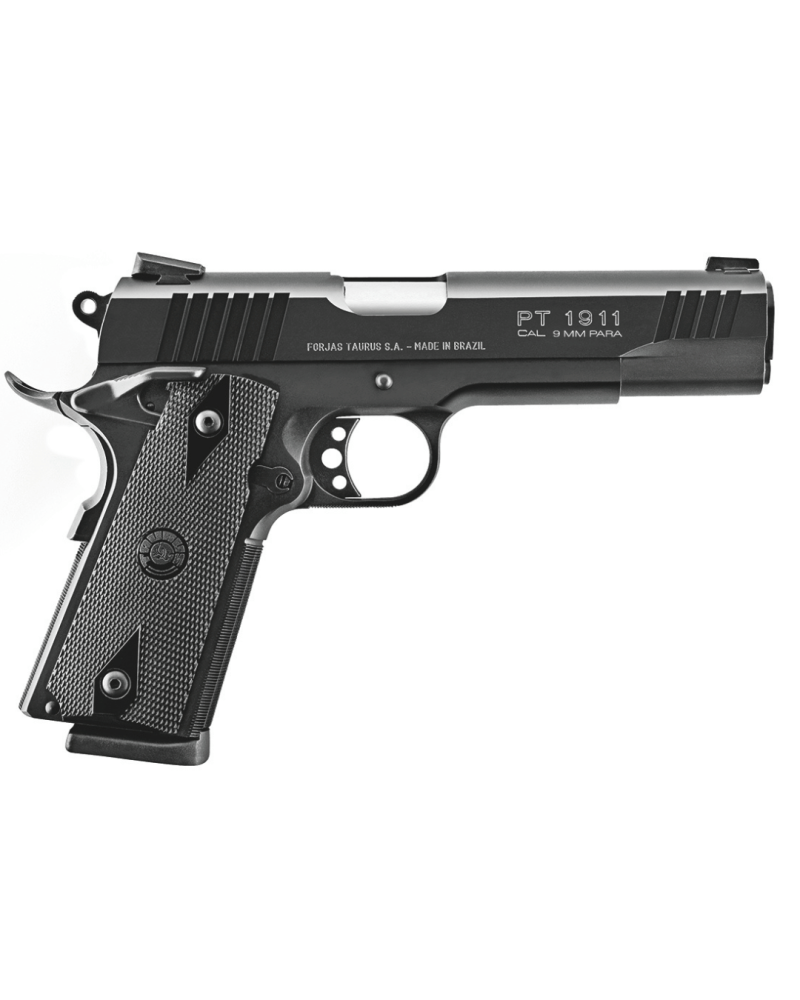 Pistolet Taurus PT1911 Black en calibre 9x19 mm avec carcasse acier usiné, canon de 127 mm, détente Match ajourée