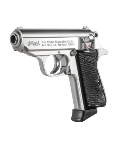 Pistolet Walther PPK/S Stainless calibre .380 ACP avec finition inox, canon de 84 mm, poignée allongée