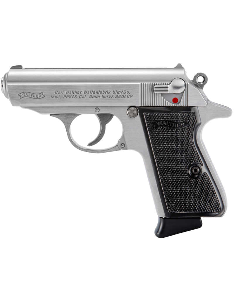 Pistolet Walther PPK/S Stainless calibre .380 ACP avec finition inox, canon de 84 mm, poignée allongée
