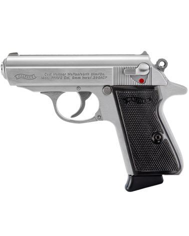 Pistolet Walther PPK/S Stainless calibre .380 ACP avec finition inox, canon de 84 mm, poignée allongée