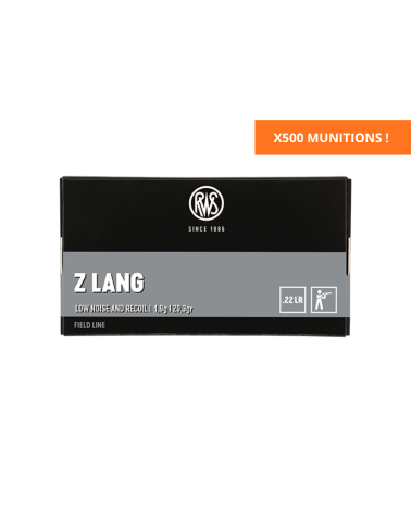 Boîte de 500 cartouches RWS Z Lang calibre .22 Long Rifle avec projectile plomb Round Nose de 29,3 grains, munition